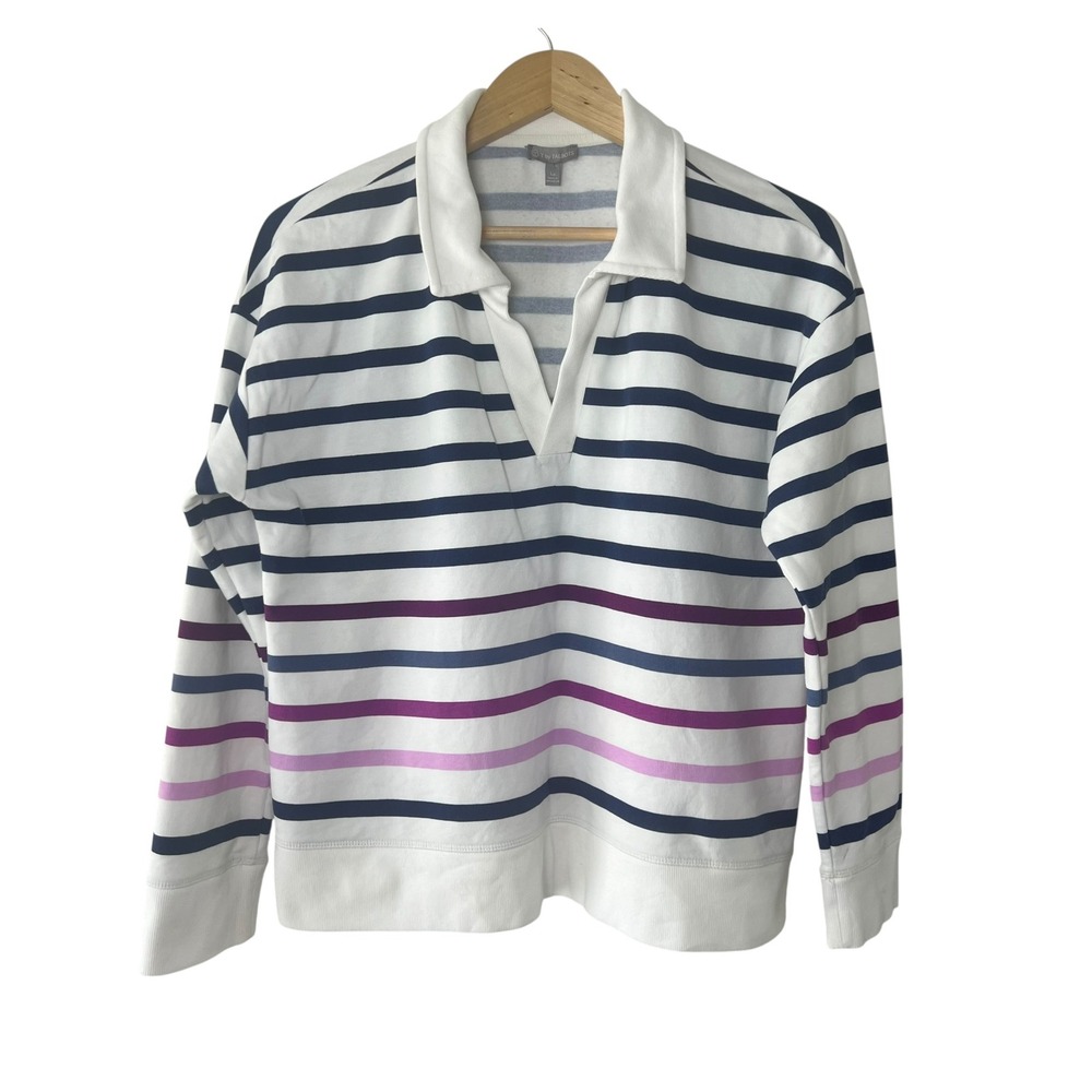 T by Talbots Striped Rugby Sweatshirt White Navy Purple LP Petite Casual Coastal